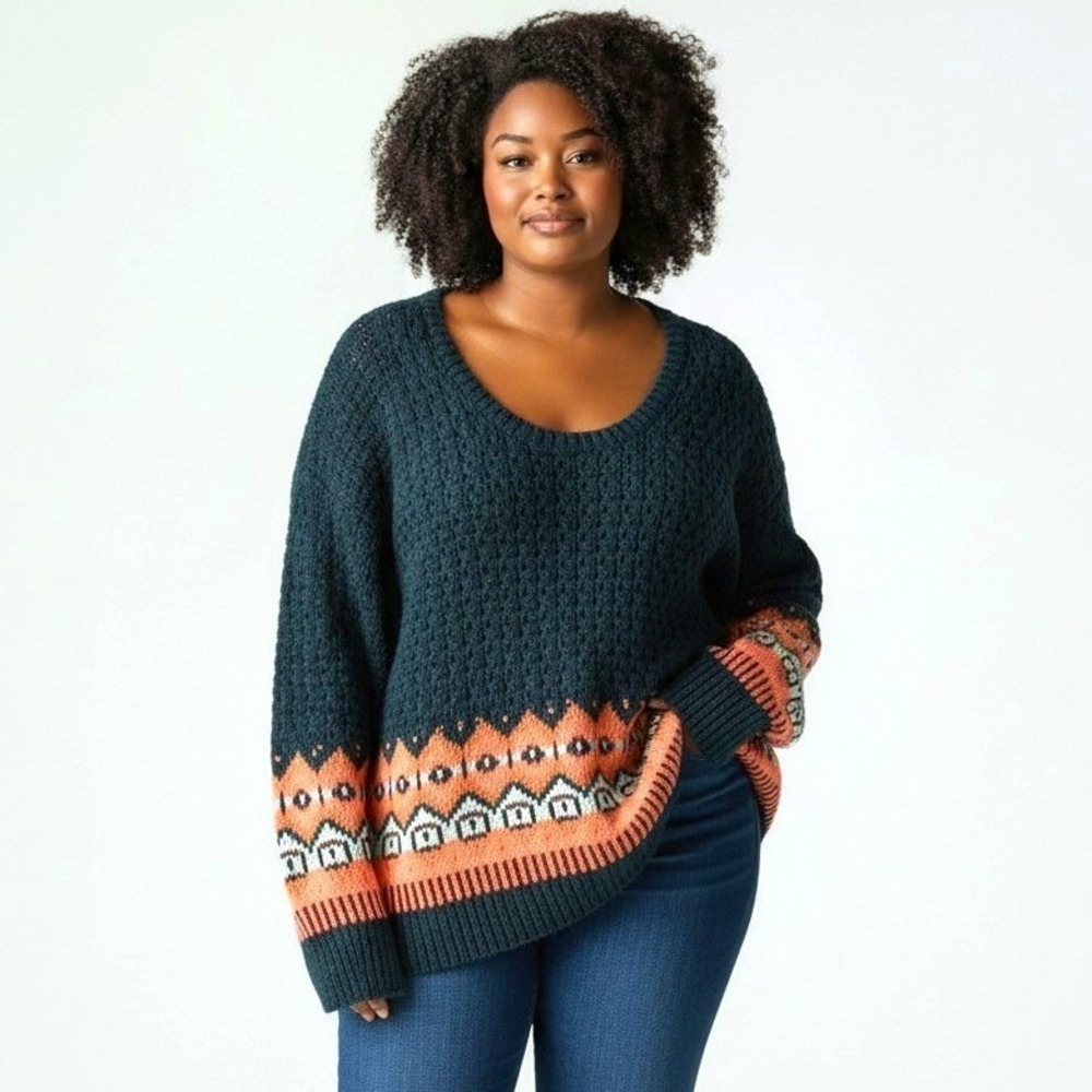 Victoria's Secret Teal Orange Fair Isle Chunky Knit Scoop Neck Sweater XL